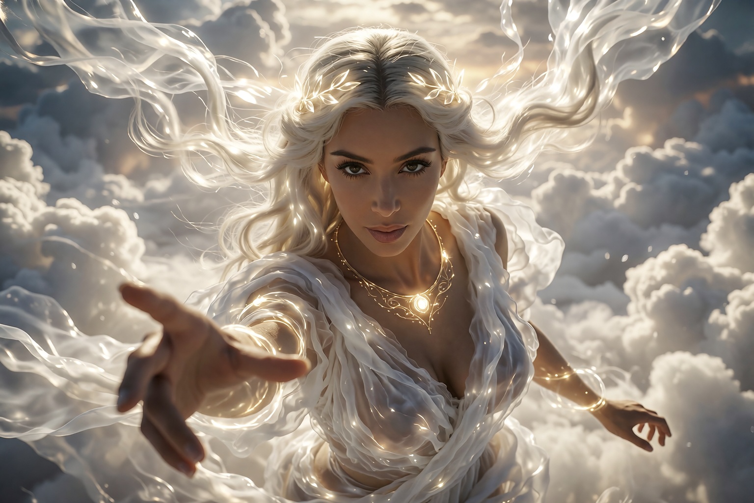 A cinematic still from a fantasy film featuring a beautiful goddess floating within a luminous sea of clouds at sunrise,...