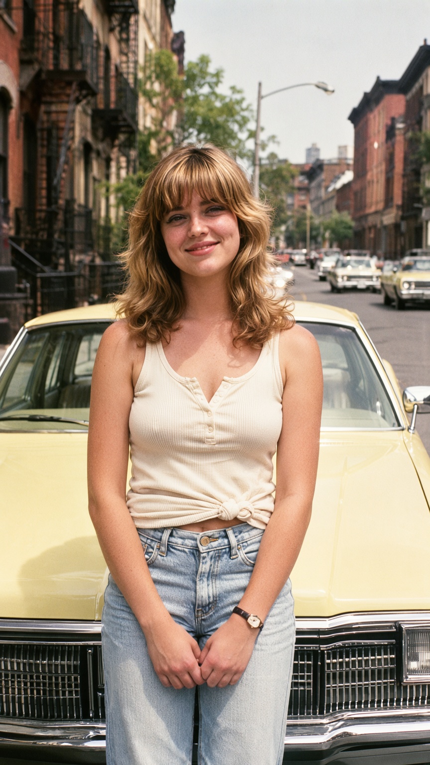 A nostalgic 1970s street portrait captures a young woman with feathered honey-blonde hair and curtain bangs smiling warmly...