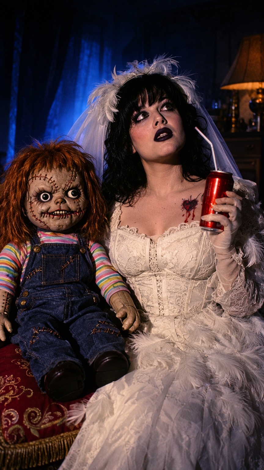 A cinematic 1990s horror-comedy film still captures a gothic bride seated beside a menacing,  scarred animatronic killer d...