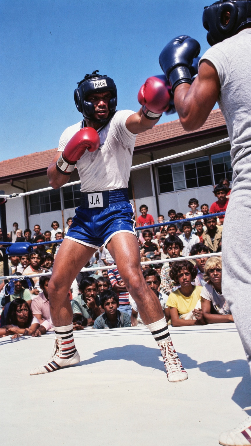 this image captures a dynamic moment during an outdoor boxing match under bright sunlight,  the central figure is a boxer...
