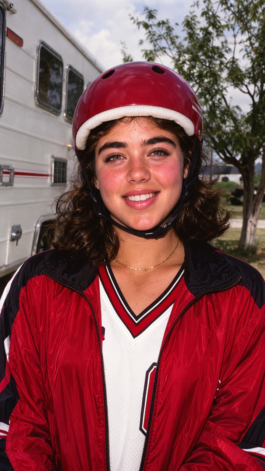 A nostalgic 1980s televised sports portrait captures a radiant young woman with thick natural brows and wavy brunette hair...
