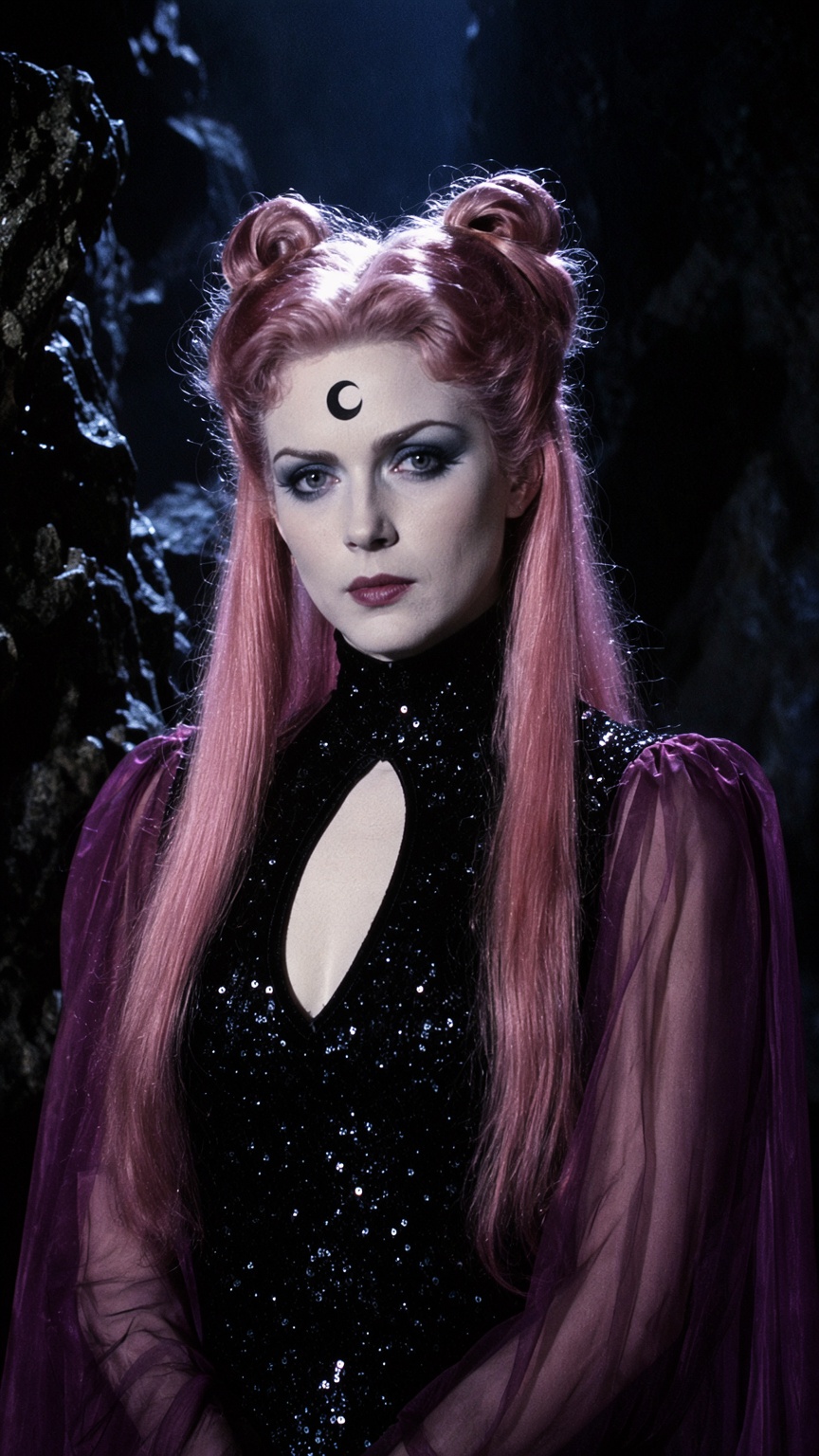 A cinematic 1980s dark fantasy film still portrays a gothic sorceress with an inverted black crescent moon symbol on her f...