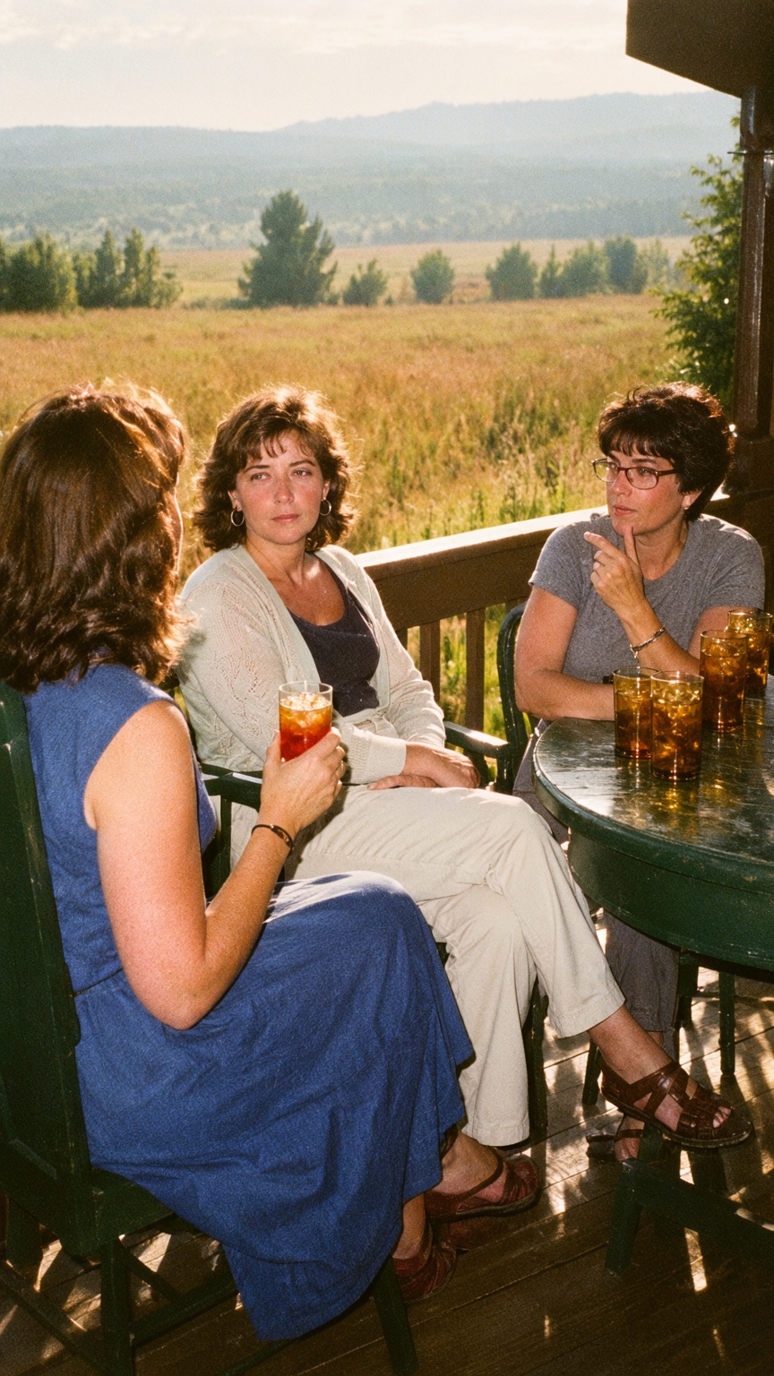 this photograph captures a relaxed,  candid moment among three women seated on a porch or deck,  enjoying drinks and conve...
