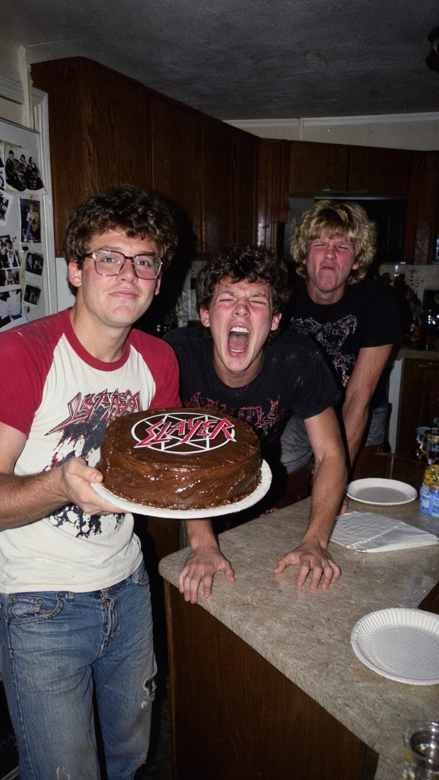 A nostalgic 1980s candid flash photograph captures three young man celebrating a birthday around a kitchen table. In the f...