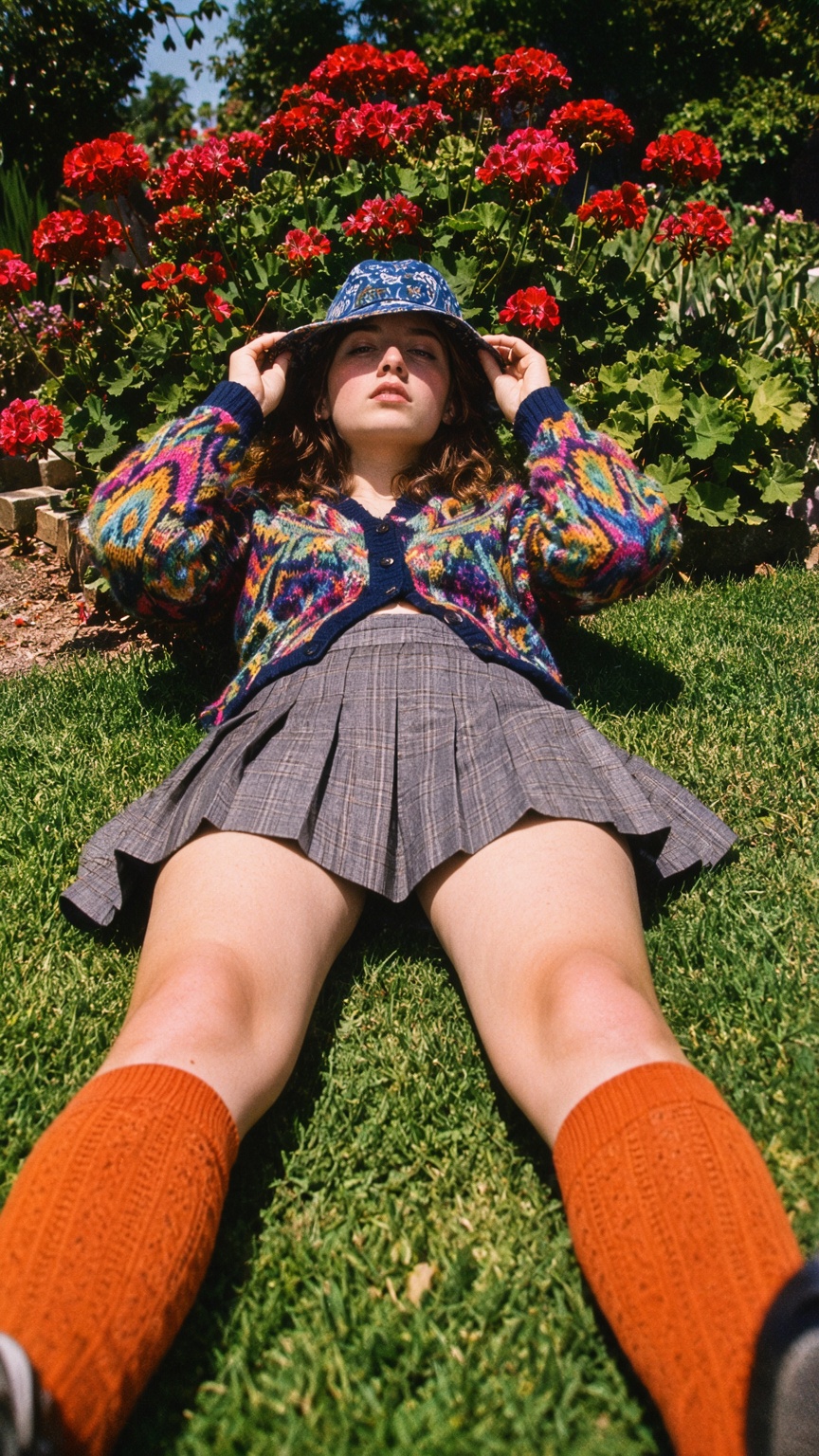A dreamy late-1990s fashion editorial photograph captures a young woman reclining back on a sun-drenched grassy lawn,  fra...