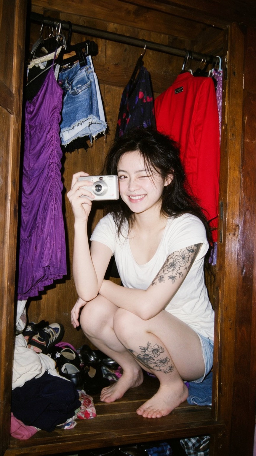 A playful candid flash photograph captures an East Asian young woman crouching barefoot inside a crowded wooden wardrobe....