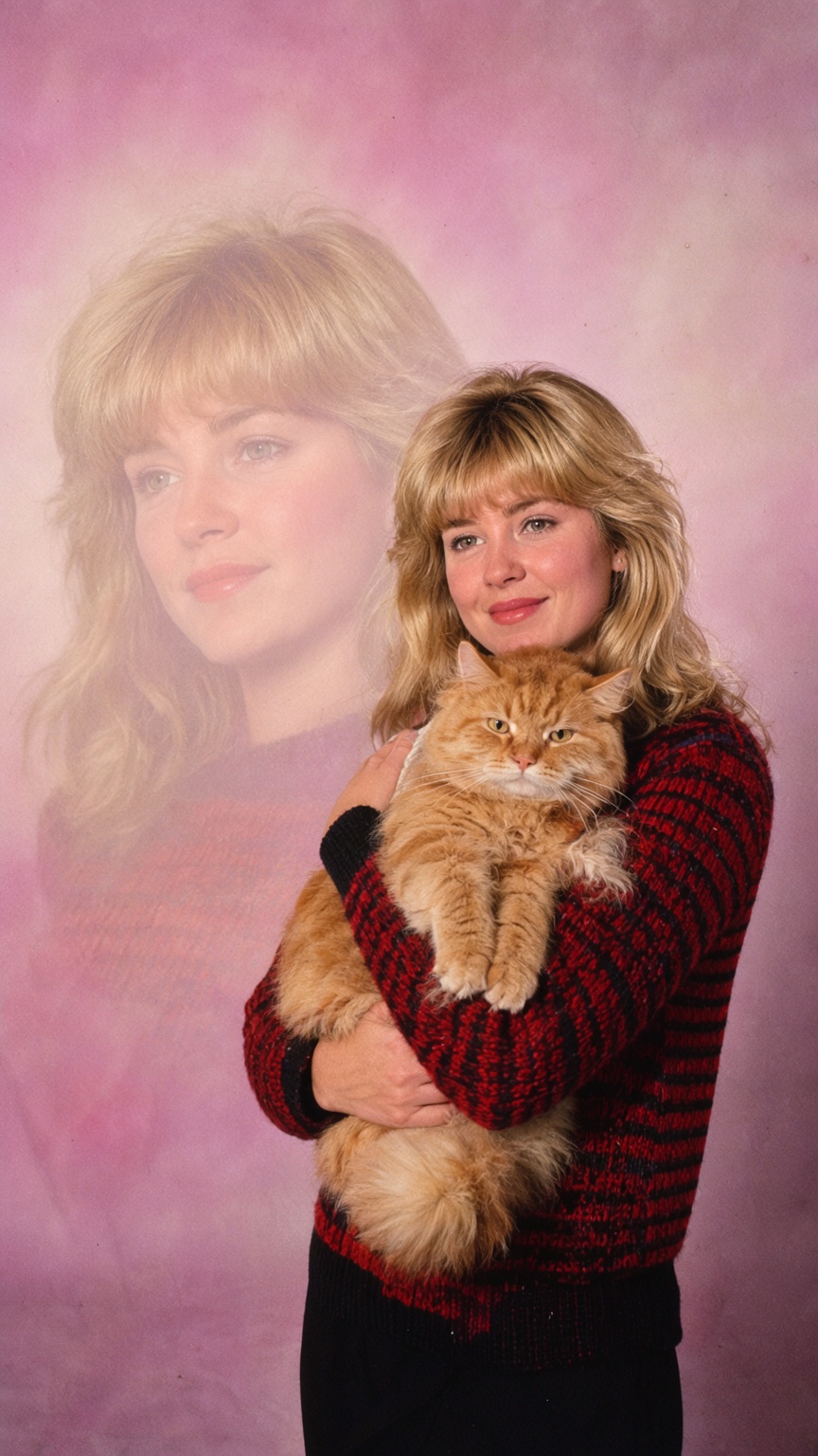 A nostalgic 1980s mall studio portrait features an intentional double-exposure composition against a soft pastel pink airb...