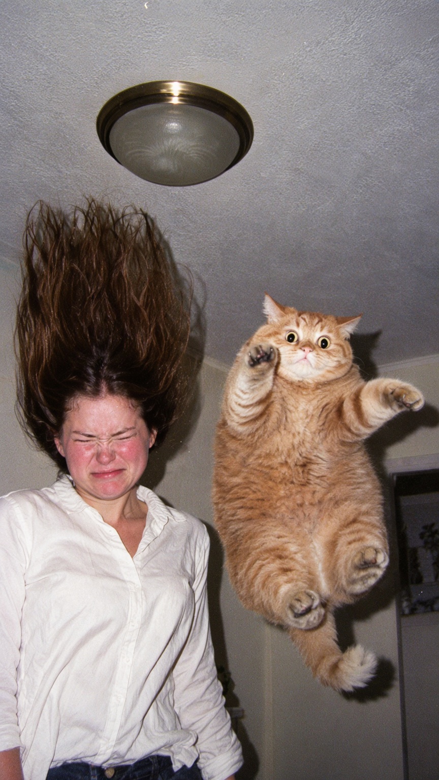 A chaotic,  humorous candid flash photograph captured from a low angle inside a room. On the left,  a young woman in a whi...