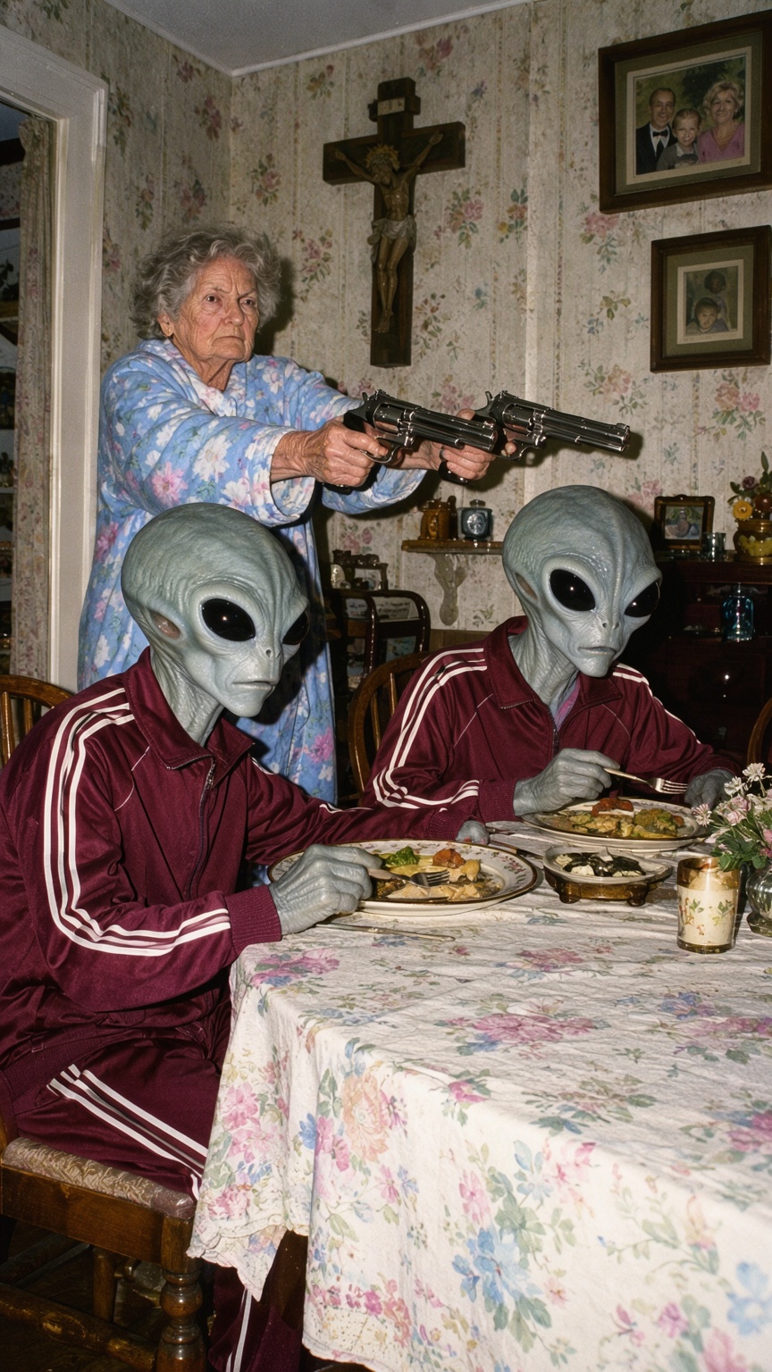 A surreal,  darkly humorous candid photograph captured in a kitschy dining room. Standing in the background,  a stern elde...