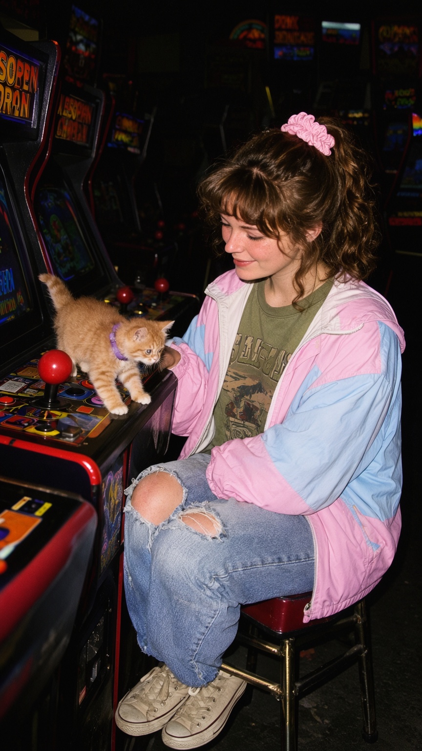 A nostalgic portrait captures a young woman with wavy chestnut hair sitting on an arcade stool,  watching a tiny ginger ta...