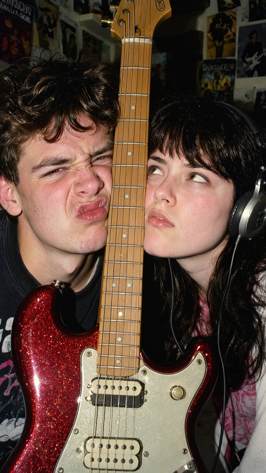 A playful 1990s indie rock portrait captures a young duo posing closely behind a vertically centered electric guitar. In t...