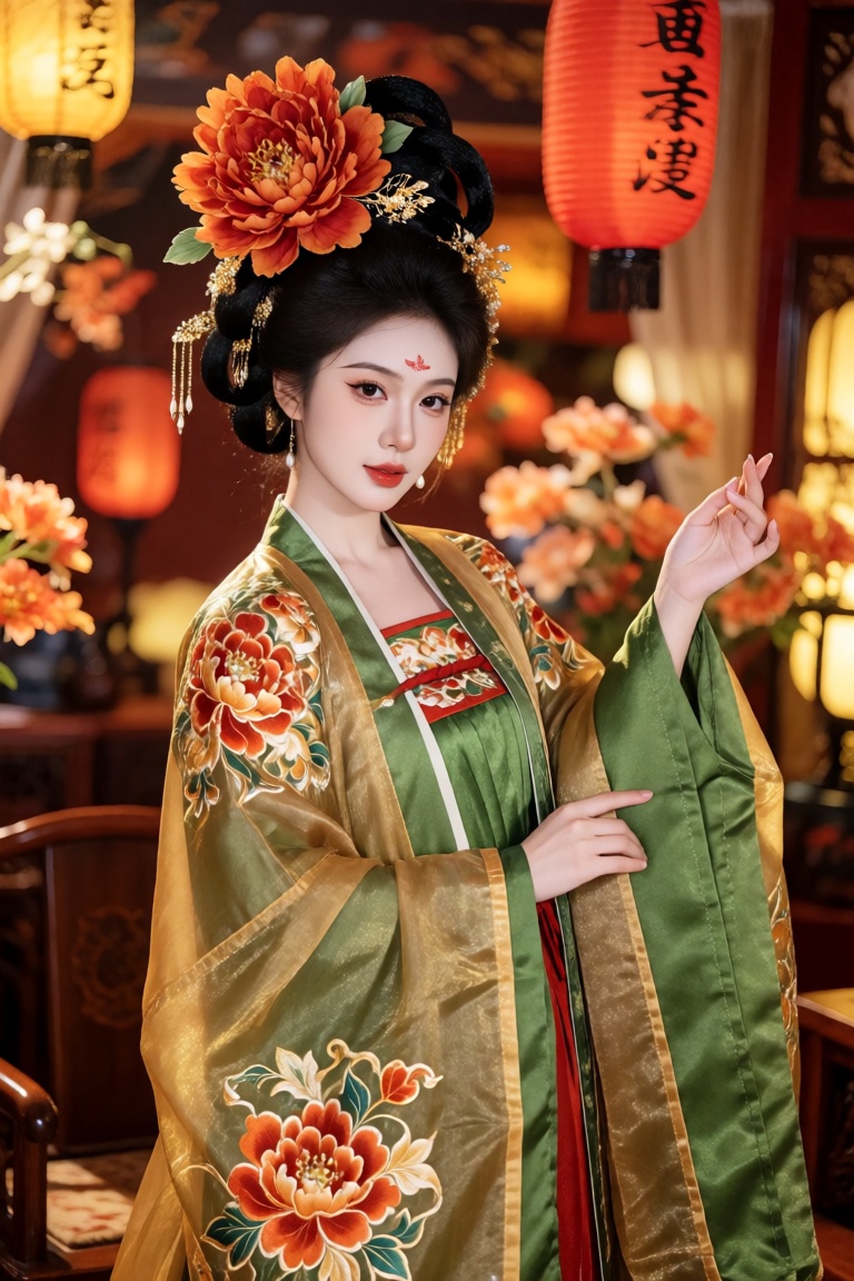 the image portrays a woman dressed in an elaborate traditional chinese hanfu,  exuding elegance and grace,  her attire is...