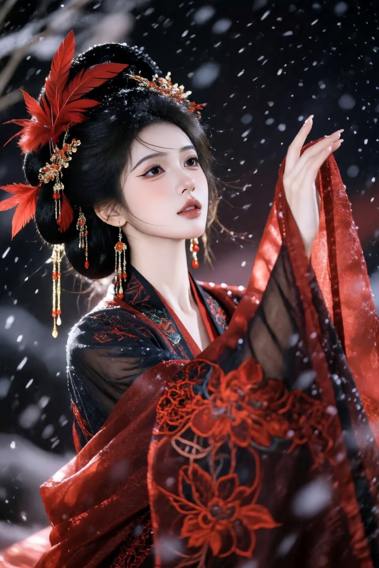 the image portrays a woman in an elegant traditional chinese hanfu,  adorned in rich red and black tones with intricate fl...