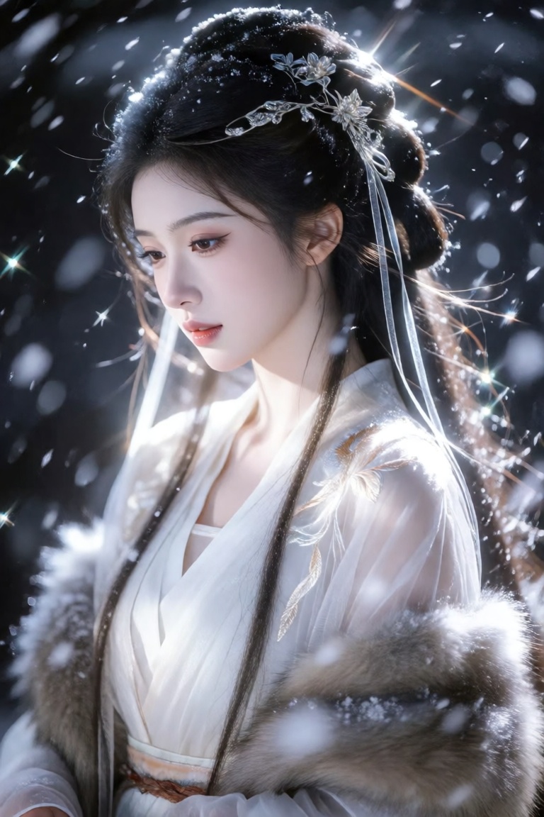 the image captures a serene,  ethereal portrait of a woman in traditional attire,  bathed in soft on Tensor.Art