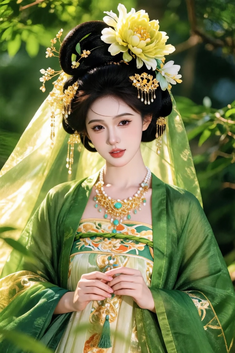 the image portrays a woman in an elegant,  traditional chinese-style outfit,  set against a lush on Tensor.Art