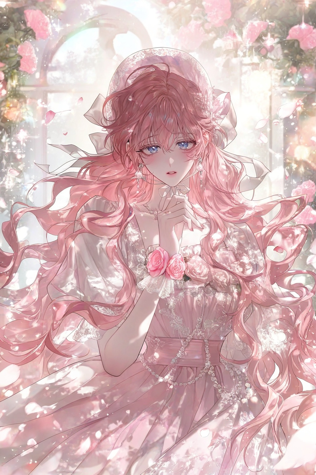 A gorgeous kawaii girl with very long straight pink hair,  hair between eyes,  pink eyes on Tensor.Art