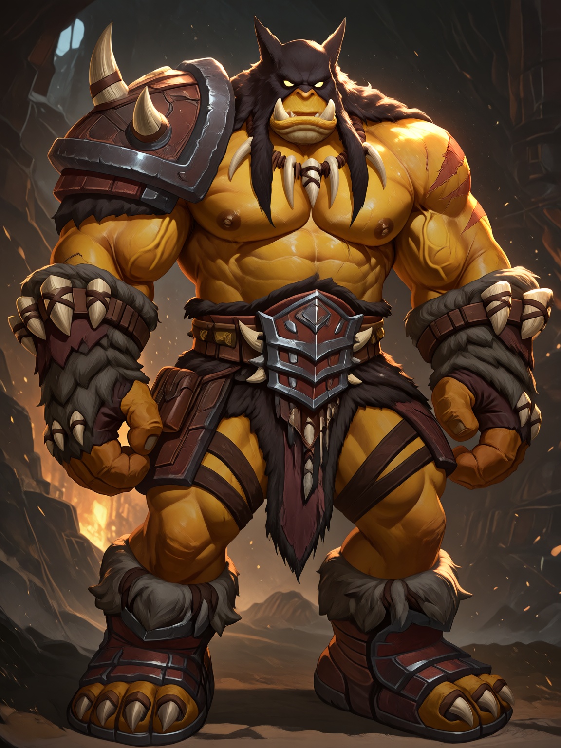 Analog photograph capturing a handsome and muscular Rexxar,  an orc with tan skin or yellow skin,  adorned in a wolf mask...