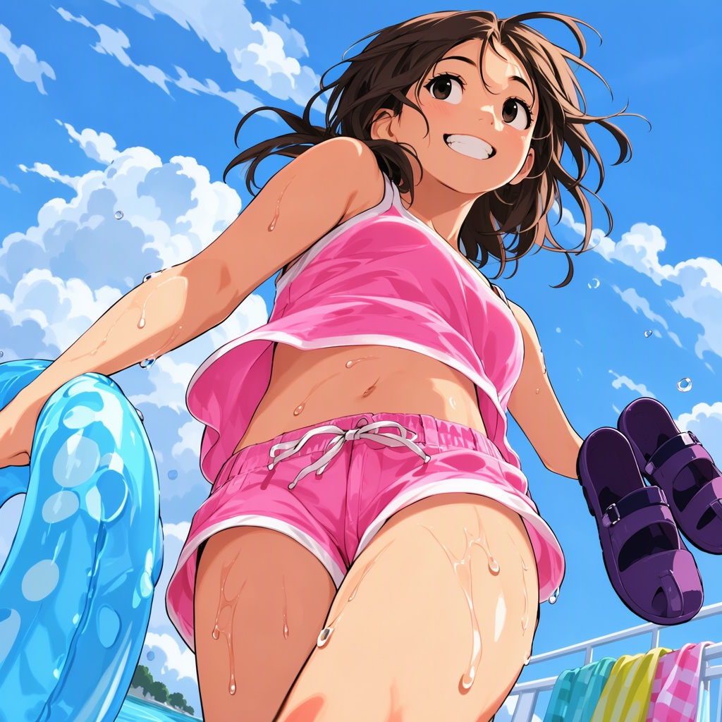TakamichiStyle,  Digital anime-style illustration of a young woman with short brown hair and fair skin,  standing outdoors...