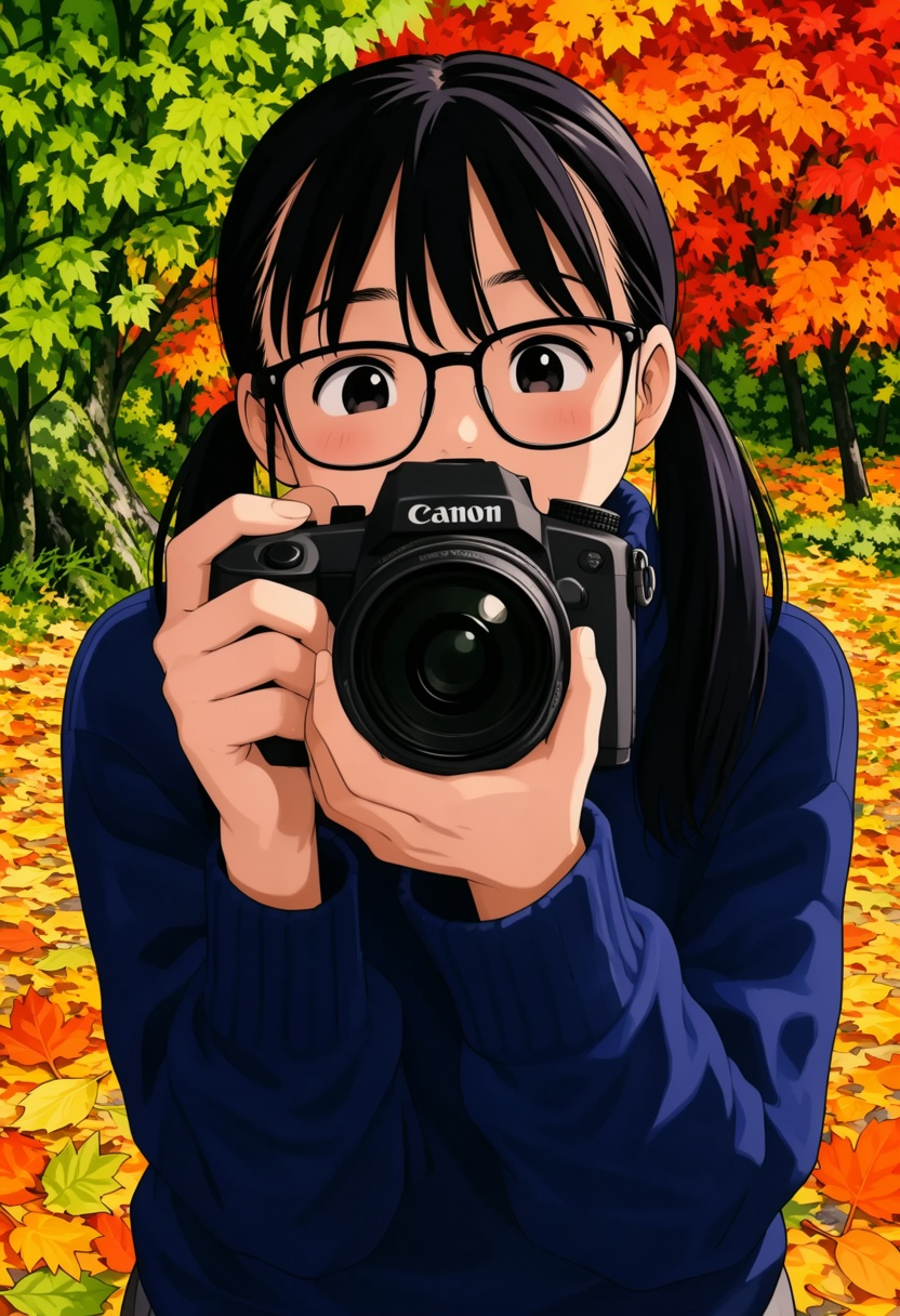 TakamichiStyle,  This is a digital anime-style illustration of a young woman with black pigtails and glasses,  smiling whi...