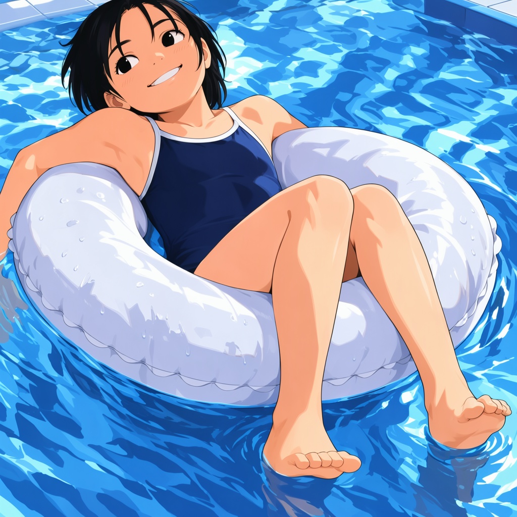 TakamichiStyle,  Digital anime-style illustration of a young girl with short black hair,  wearing a dark blue one-piece sw...