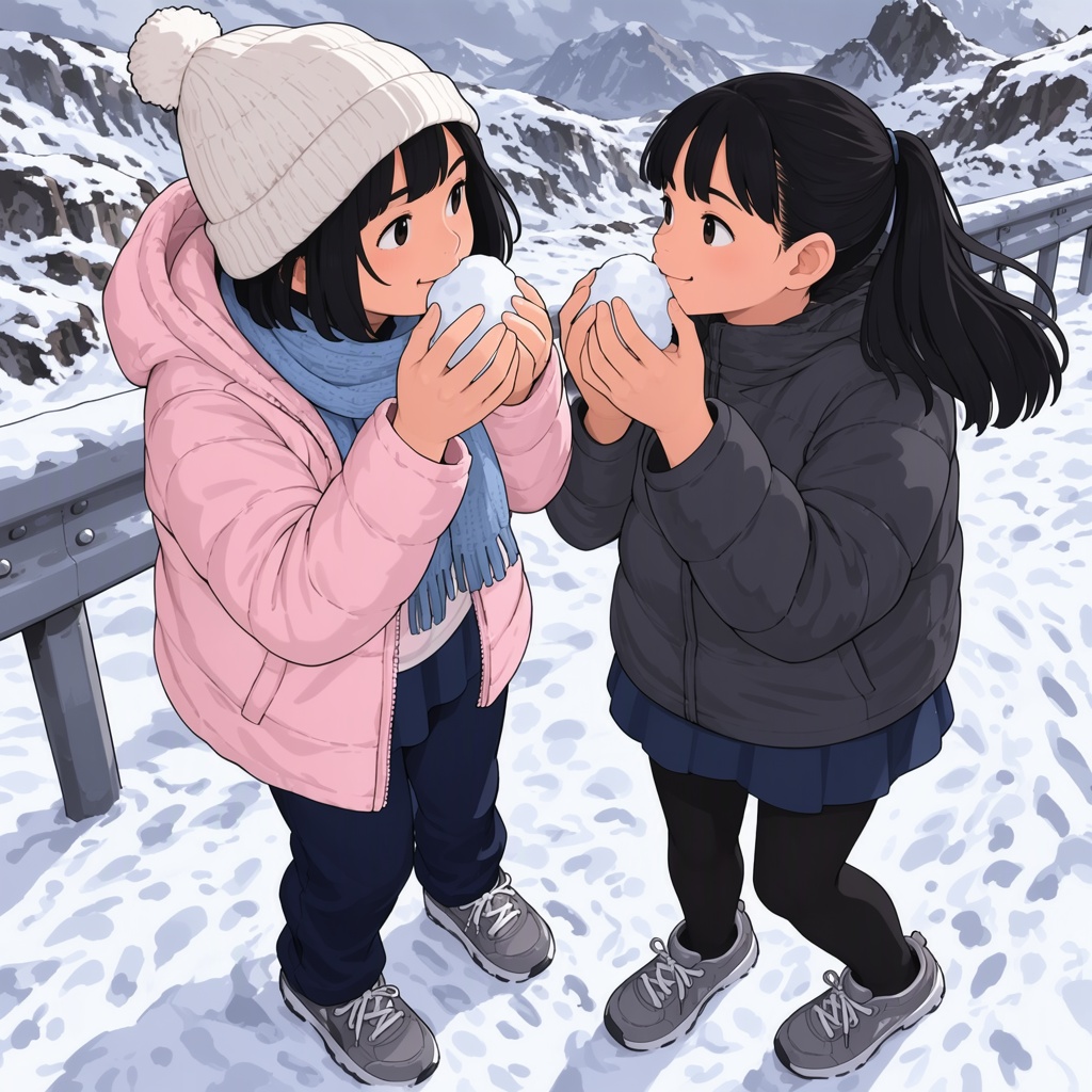 TakamichiStyle,  Digital anime-style drawing of two young women standing in a snowy,  mountainous landscape. Both are eati...