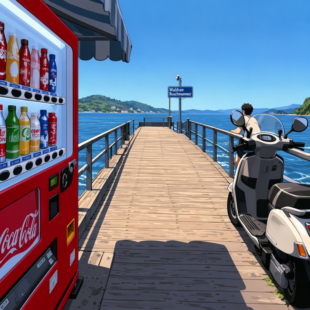 TakamichiStyle,  Digital illustration of a sunny,  blue-skied waterfront. On the left on Tensor.Art