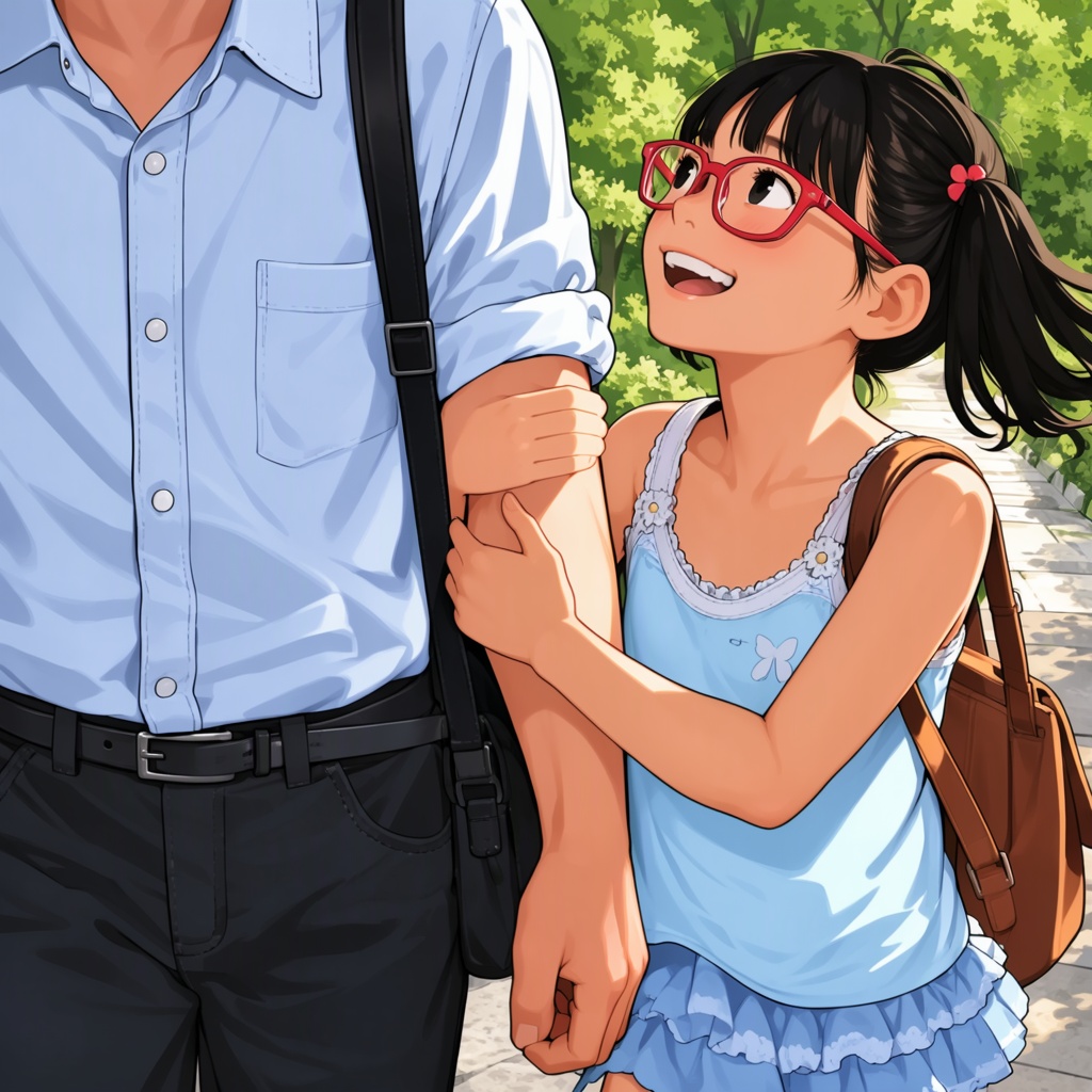 TakamichiStyle,  This digital illustration depicts a young Asian girl with black pigtails,  wearing red glasses on Tensor.Art