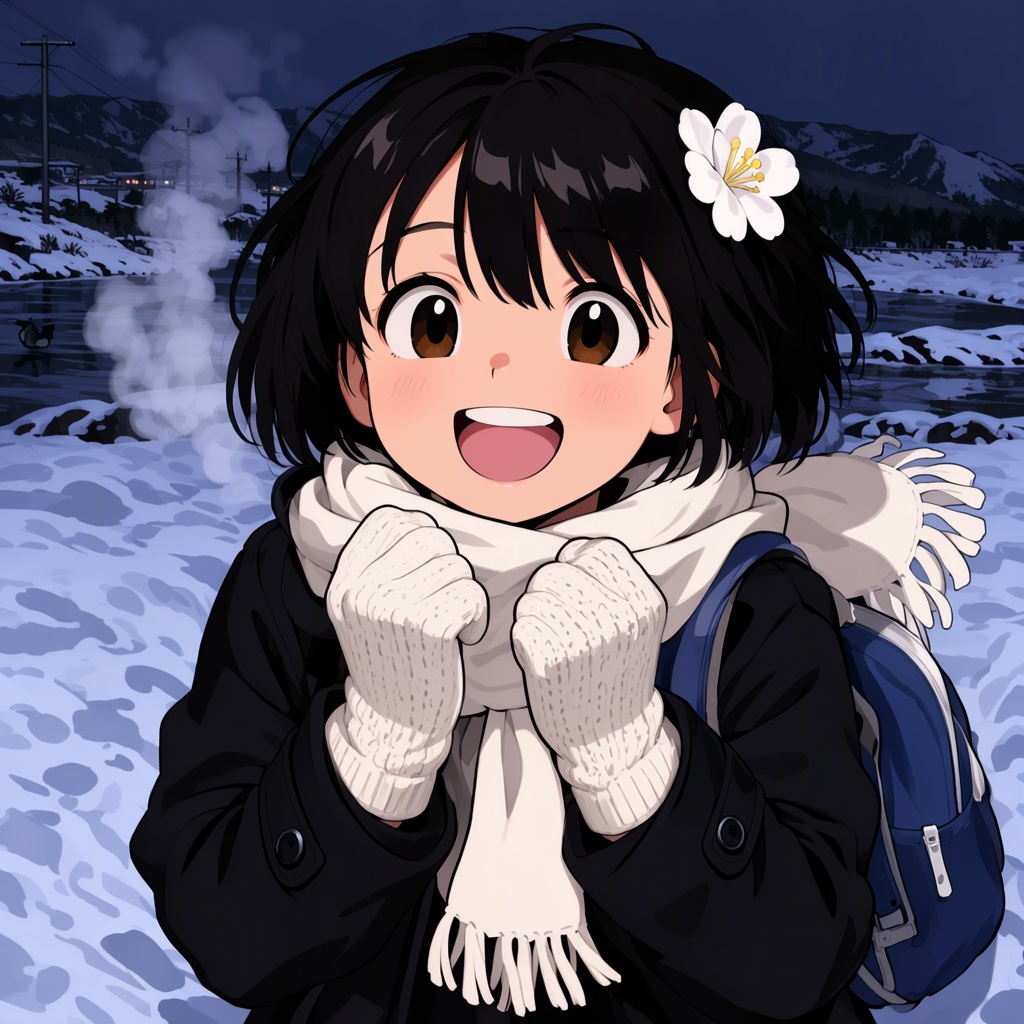 TakamichiStyle,  Digital anime-style illustration of a young girl with short black hair,  adorned with a white flower on t...