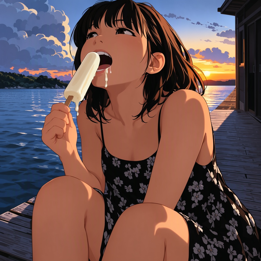 TakamichiStyle,  Digital anime-style illustration of a young woman with dark brown hair and bangs,  eating a melting popsi...