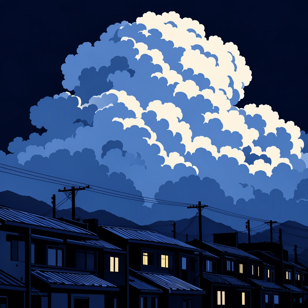 TakamichiStyle,  This digital illustration depicts a nighttime urban skyline with a prominent,  large on Tensor.Art