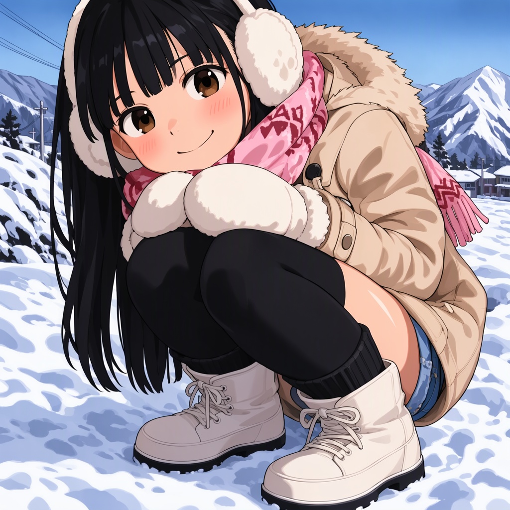 TakamichiStyle,  This is a digital anime-style illustration depicting a young woman squatting in a snowy outdoor setting....