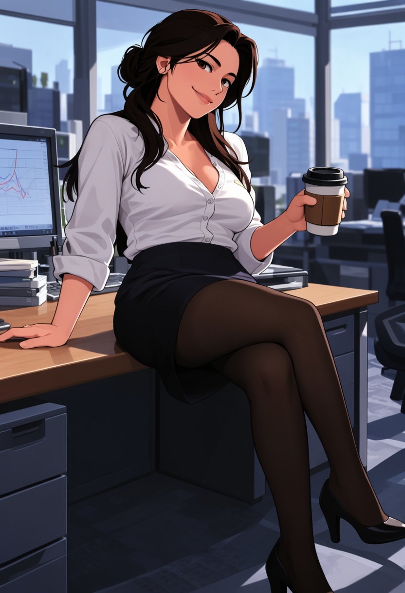 TakamichiStyle,  Digital anime-style drawing of a mature milf woman in an office. She has long dark brown hair tied in a l...