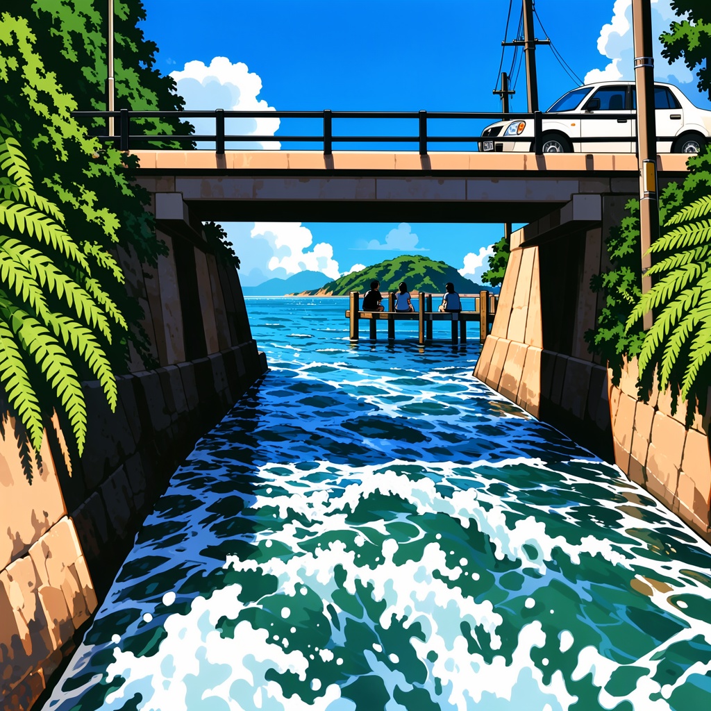 TakamichiStyle,  Digital illustration of a vibrant,  sunny coastal scene. Central focus is a narrow on Tensor.Art