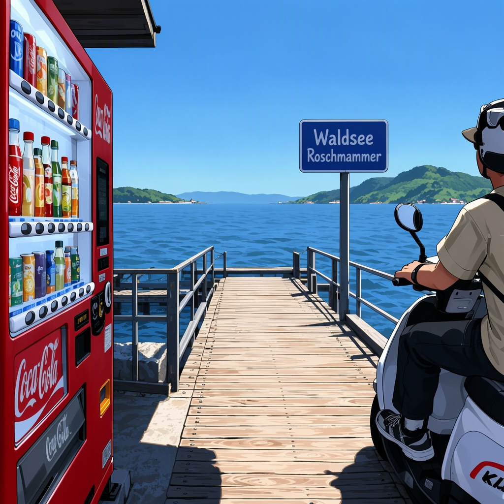 TakamichiStyle,  Digital illustration of a sunny,  blue-skied waterfront. On the left on Tensor.Art