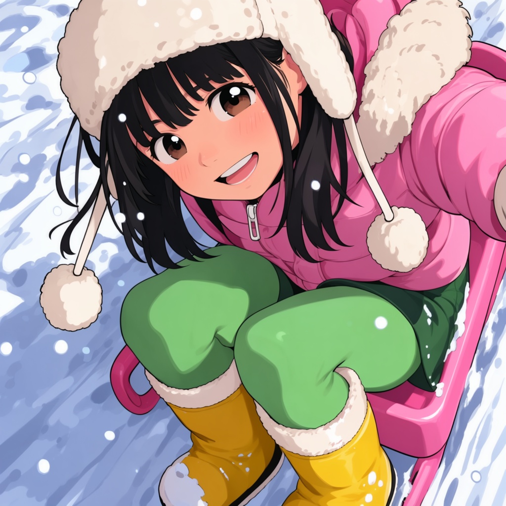 TakamichiStyle,  Digital anime-style illustration of a young woman with long black hair and fair skin,  sitting on a pink...
