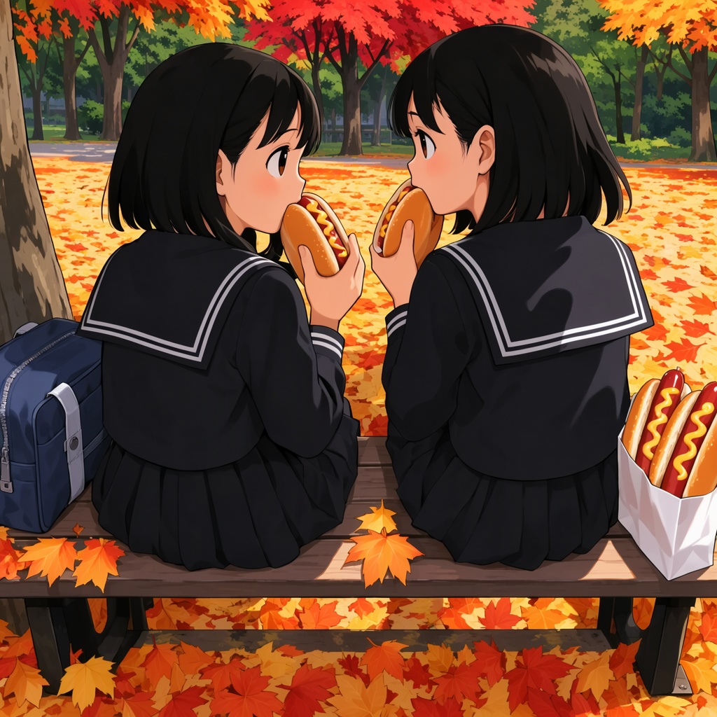 TakamichiStyle,  Digital anime-style illustration depicting two Japanese schoolgirls with black hair and black sailor-styl...