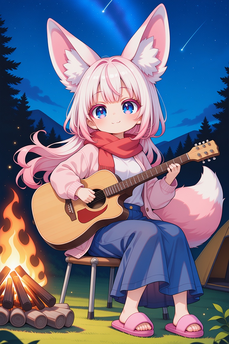 1girl with pink gigantic fennec ears and a big fluffy fox tail with long wavy pink and white hair,  blue eyes,  curl mouth...