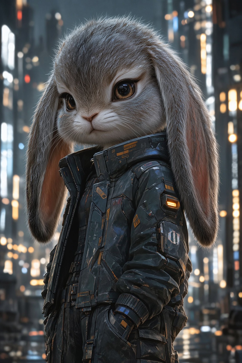 An adorable,  fluffy anthropomorphic bunny with very long,  floppy ears that hang limply on the sides of her head. Cyberpu...