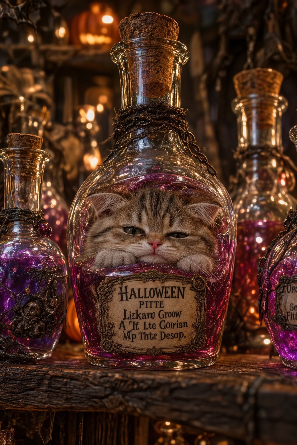 a funny image of an illustrated anime kitty contained inside a potion bottle,  the kitty is way to big and the bottle is w...