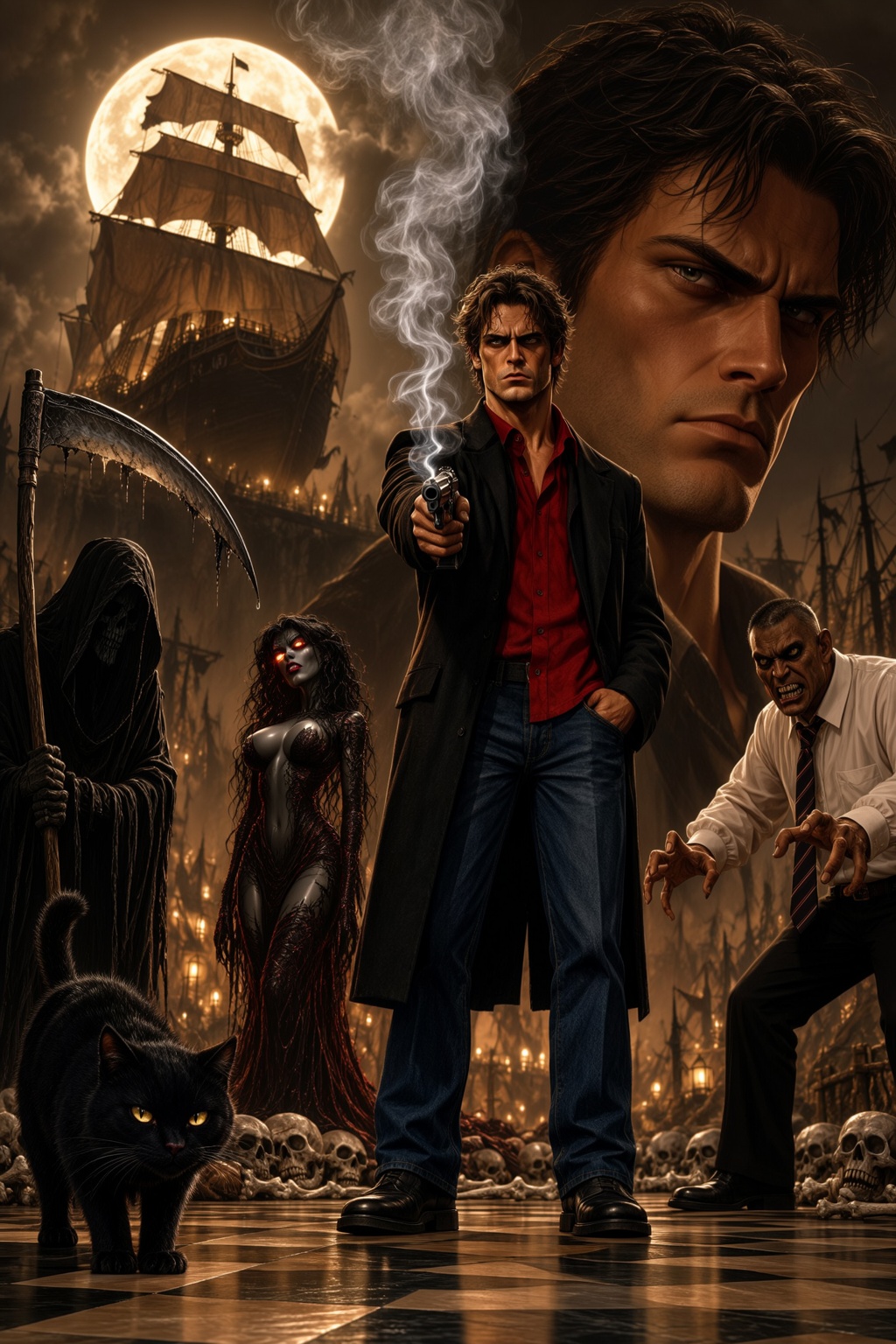 Semi-realistic cartoon illustration depicting a tense,  moonlit scene. At the center stands a man with tousled brown hair,...