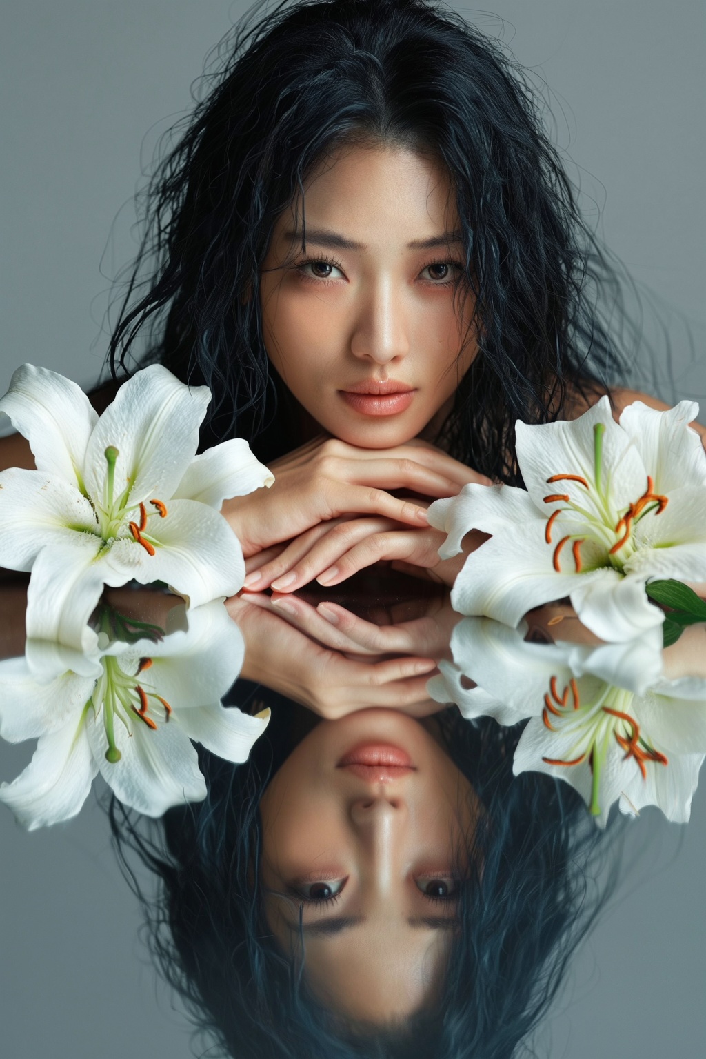 A high-fashion studio portrait of a beautiful young Asian woman with long,  wet,  messy black hair. She is resting her chi...