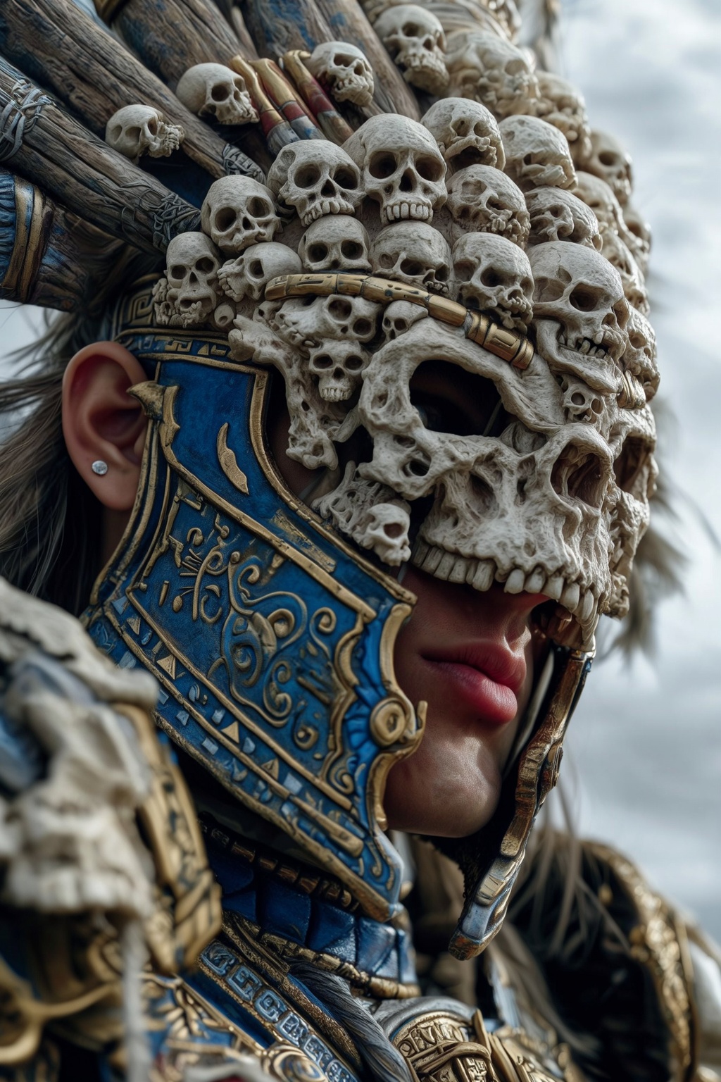 Photograph of a person with a detailed intricate skull-adorned helmet and armor. The helmet features numerous small skulls...