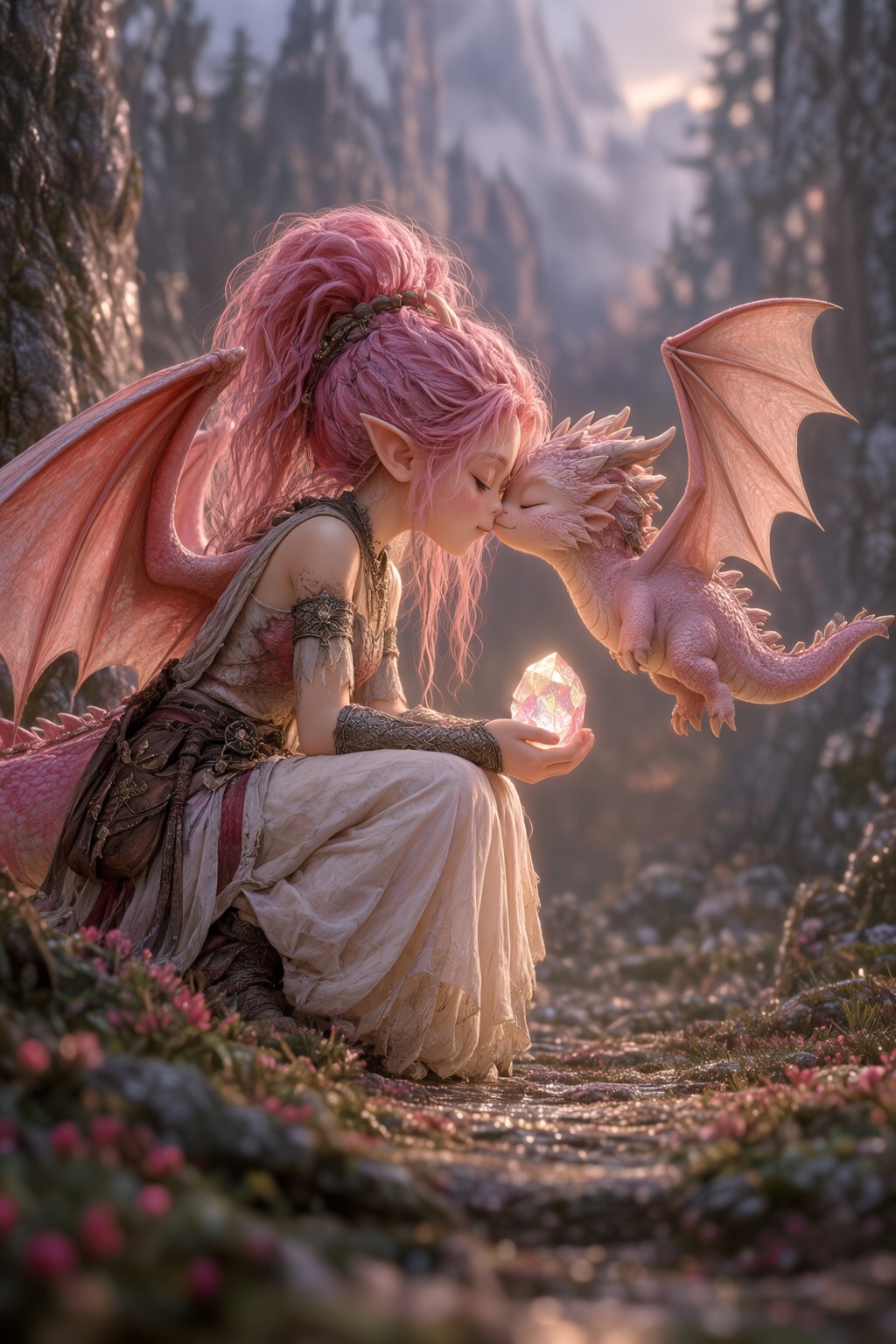 A small pink-haired dragon girl crouching down to offer a small glowing crystal to a tiny floating dragon whelp that nuzzl...