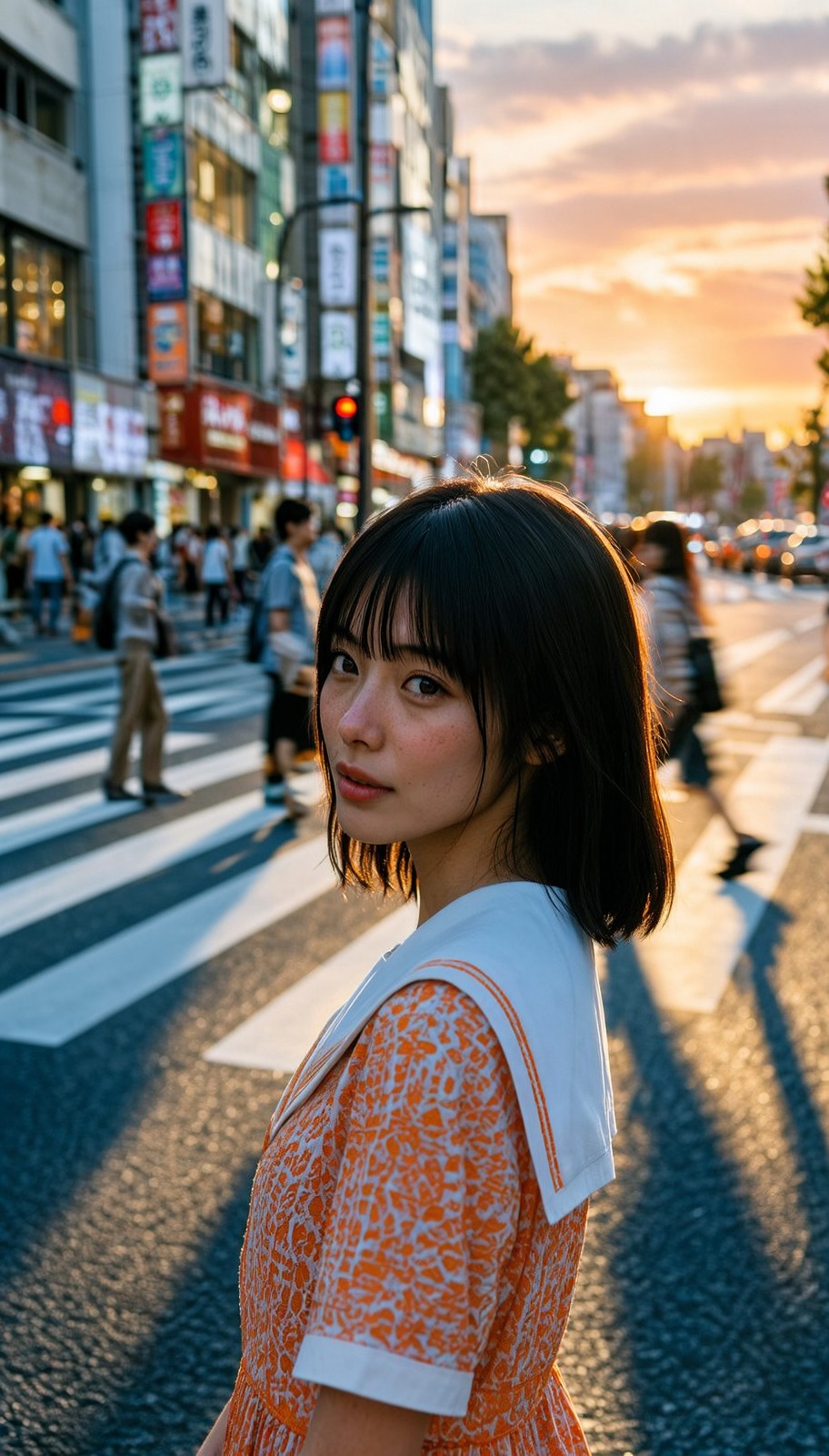 Tokyo. A young Japanese woman with shoulder-length dark hair and straight bangs stands in the foreground,  glancing over h...