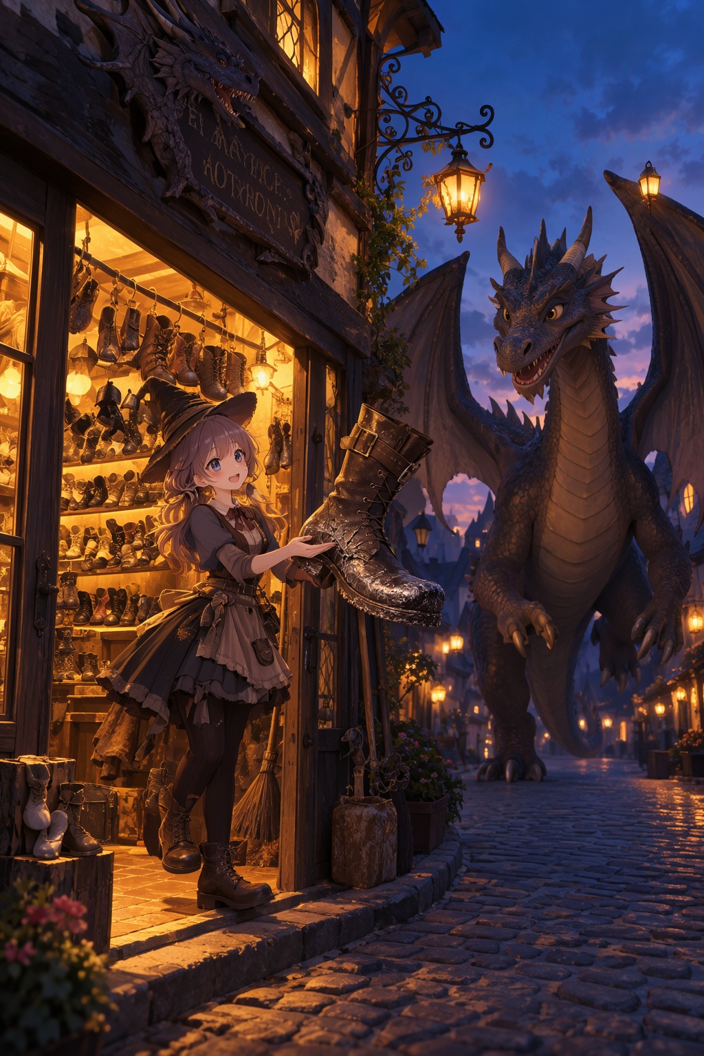 Kawaii anime witch cobbler standing at the entrance of her glowing fantasy shop at dusk,  presenting a freshly repaired gi...