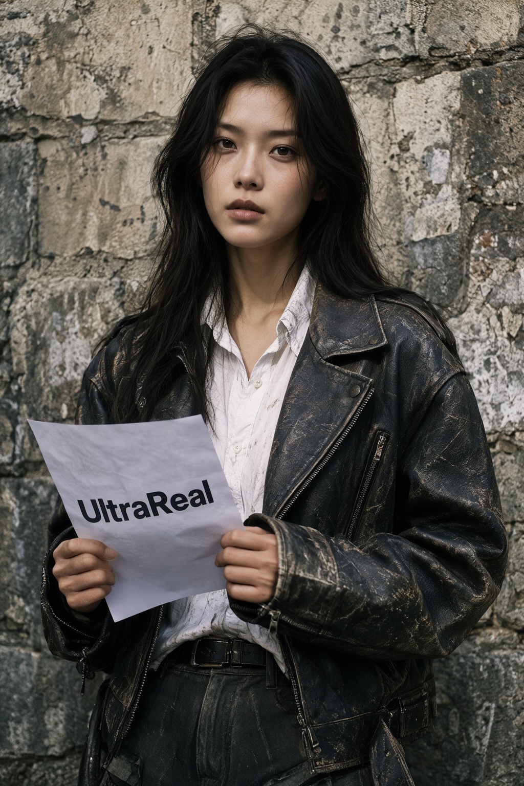 A medium shot of a beautiful East Asian woman in a distressed leather jacket,  holding a piece of white paper with the tex...