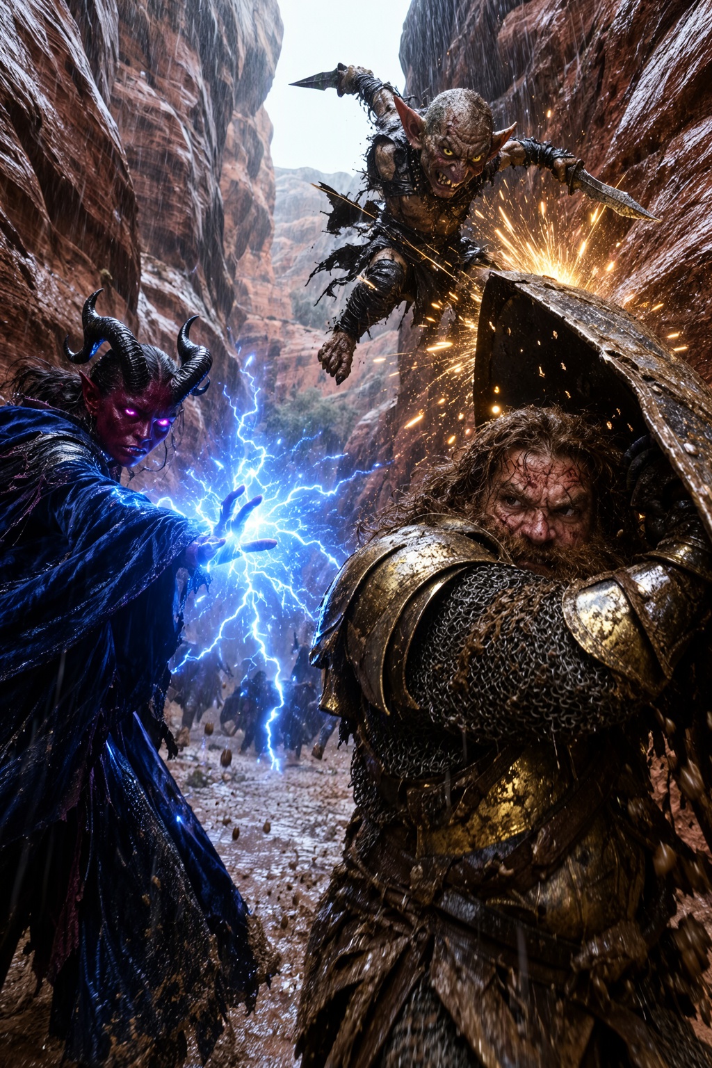 zjourney,  candid photo of a frantic,  multi-character fantasy ambush erupting in a narrow on Tensor.Art