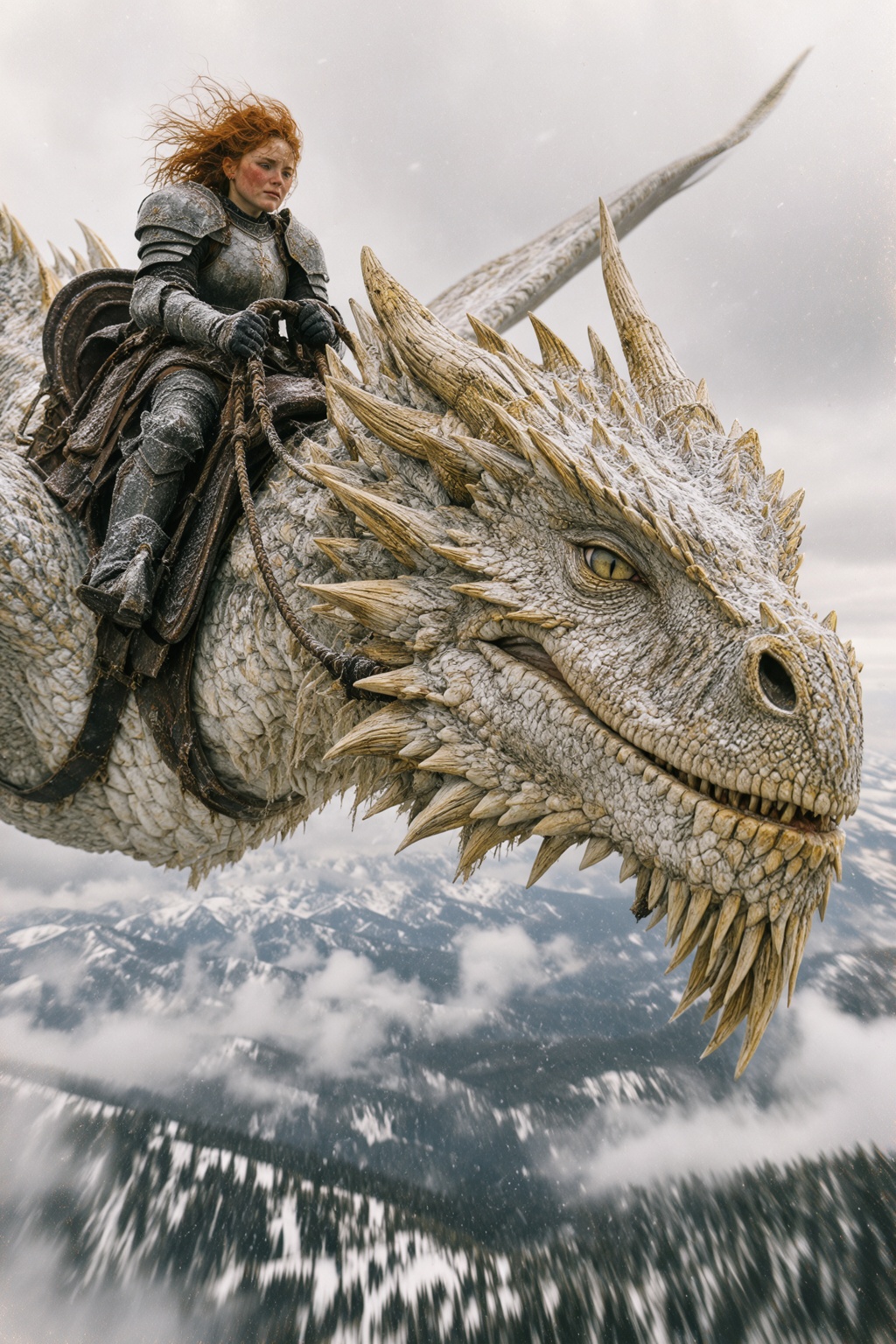 candid photo of a wide tracking shot taken from a chase camera flying alongside a colossal white and gold dragon in high-s...