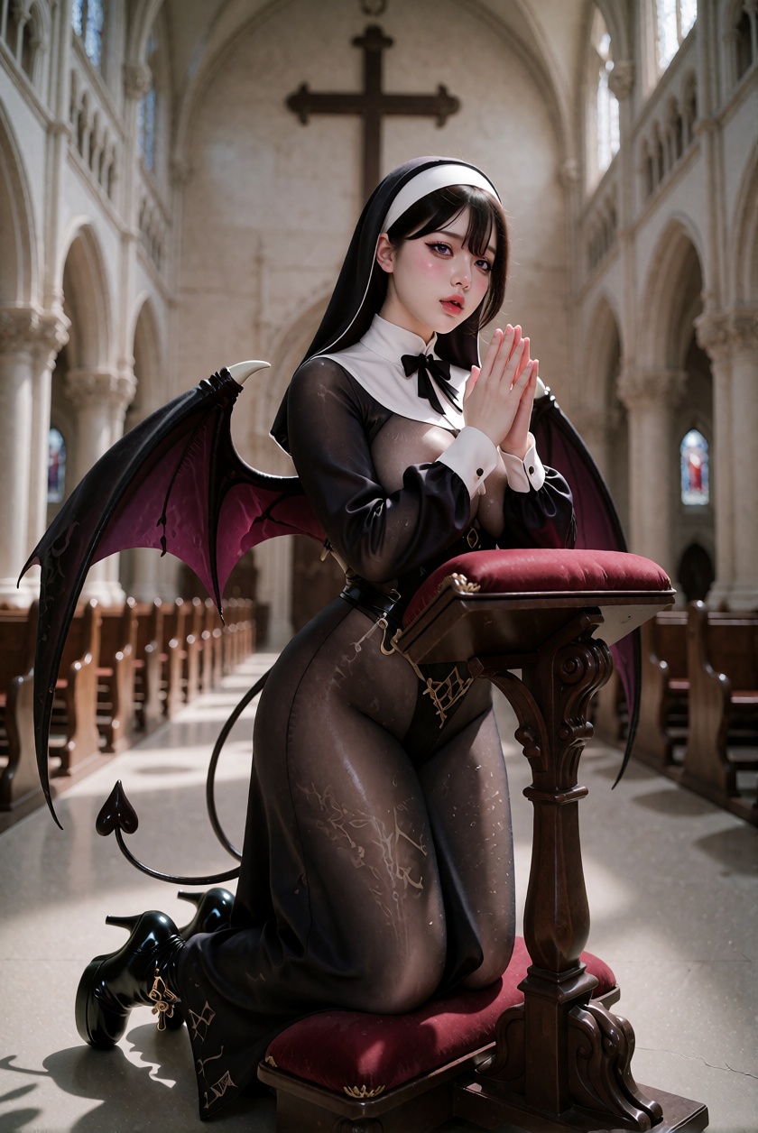 8K UHD striking portrait photograph of a unfaithful nun with purple pink eyes and juicy red lips,  wearing a full-length n...