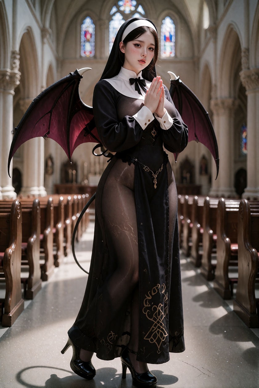 8K UHD striking portrait photograph of a unfaithful nun with a full-length nun gown,  small bat wings and a slender tail,...
